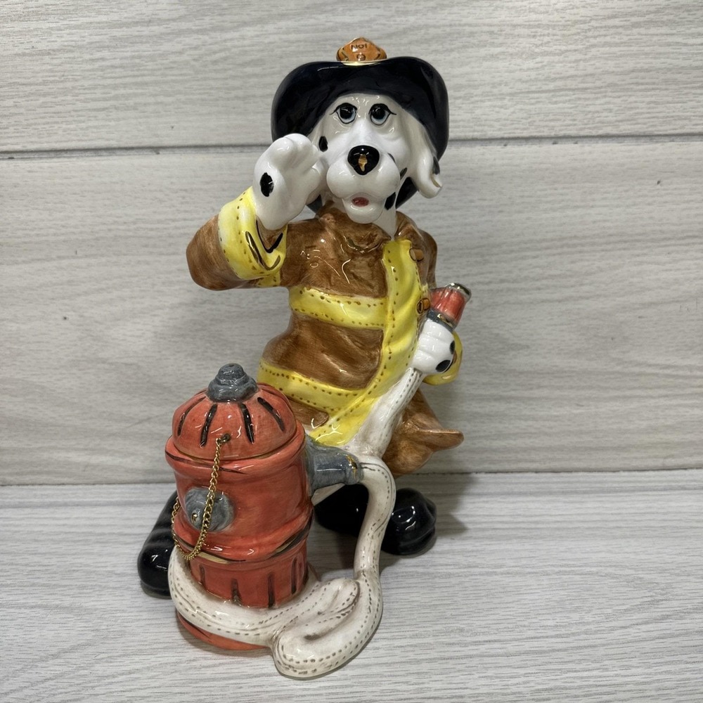 Ceramic Fireman Dalmatian Figurine 10x6x5" Votive Candle Holder Hydrant